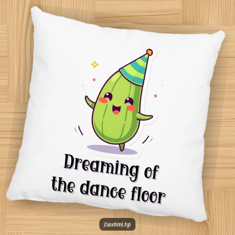 Funny pillow showing a zany zucchini wearing a small party hat, spinning with glee, adding a touch of whimsy.