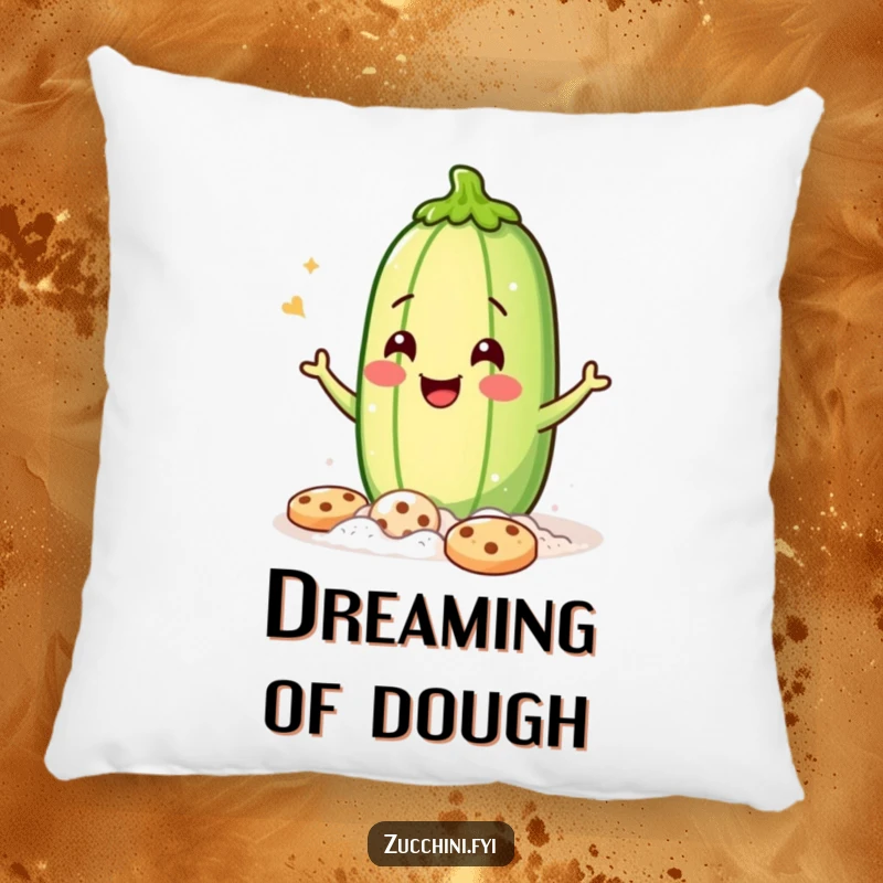 Funny Pillow: A soft, jubilant zucchini covered in flour, winking playfully while baking cookies, offering hilarious comfort.