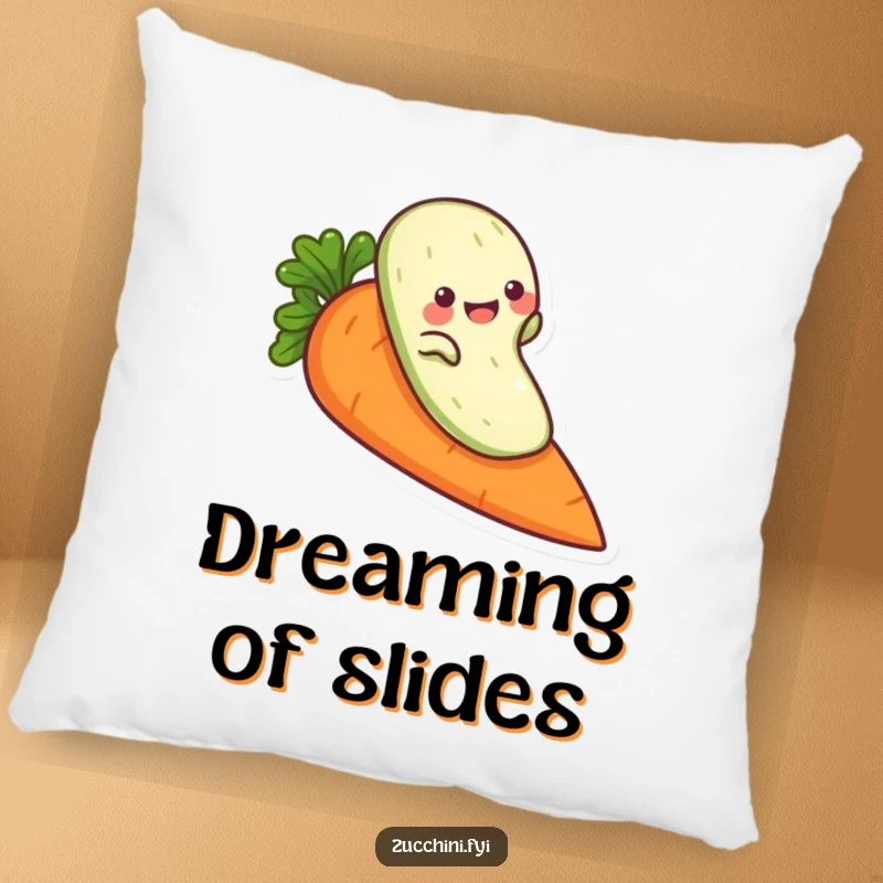 Funny zucchini pillow, a playful veggie character sliding down a carrot, soft and humorous for relaxation.