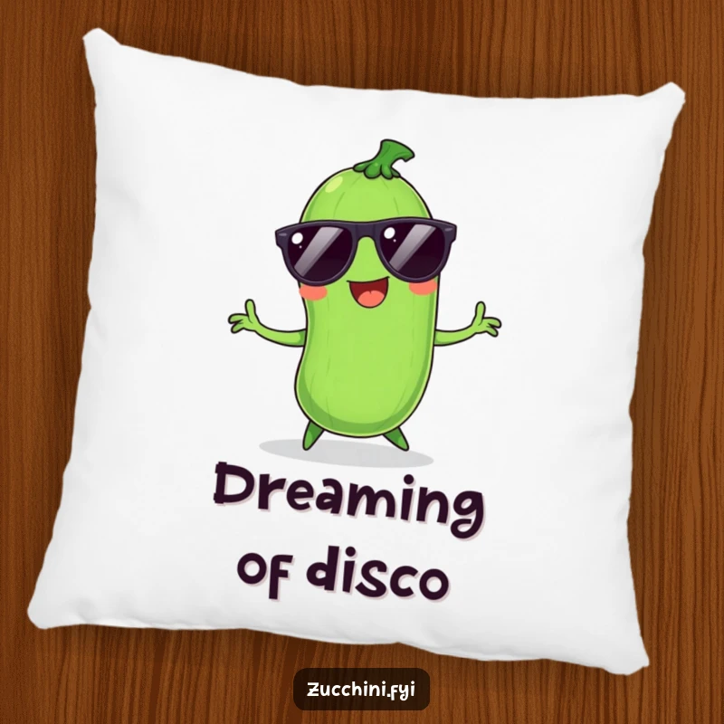 Funny Zucchini Pillow: Soft cushion featuring a smiling, dancing vegetable with sunglasses, perfect for adding fun to any room.