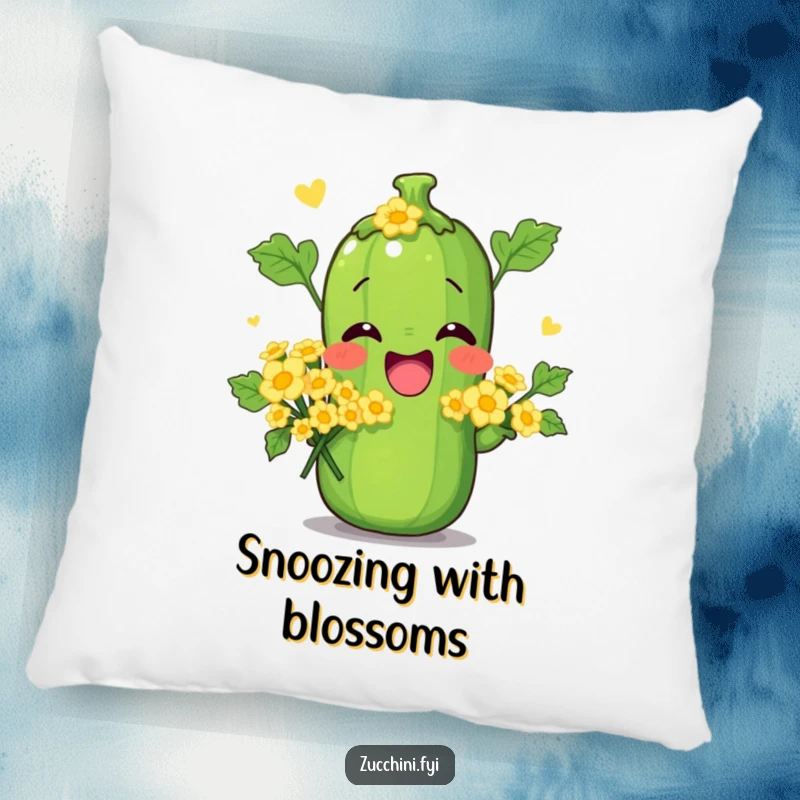 Funny pillow showing a zucchini striking a silly pose with a bouquet of small zucchini flowers, providing comfort and humor.
