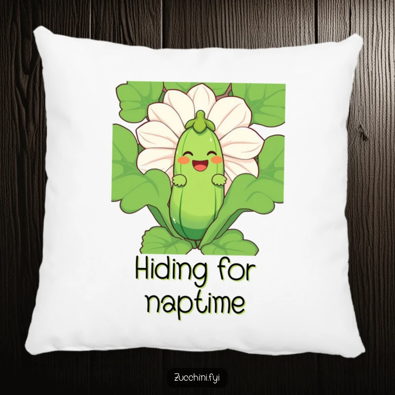 Funny Zucchini Laugh Pillow showing a laughing zucchini character peeking from behind a giant zucchini blossom.
