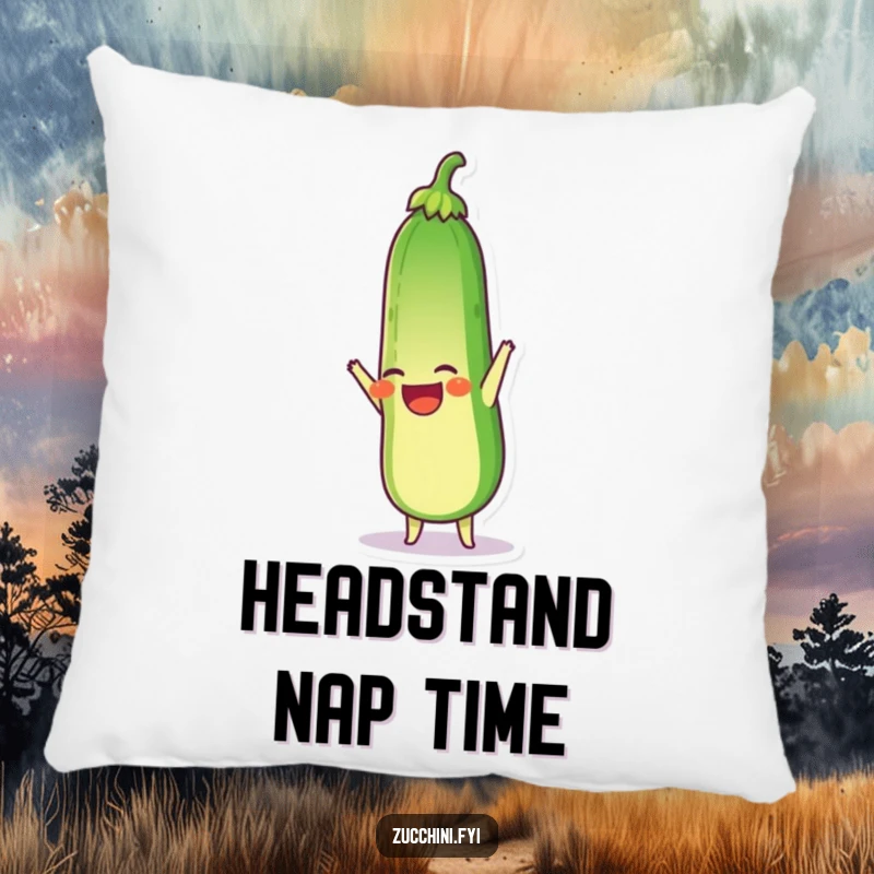 Funny pillow featuring a laughing zucchini doing a handstand, adding humorous comfort and an upside-down theme.