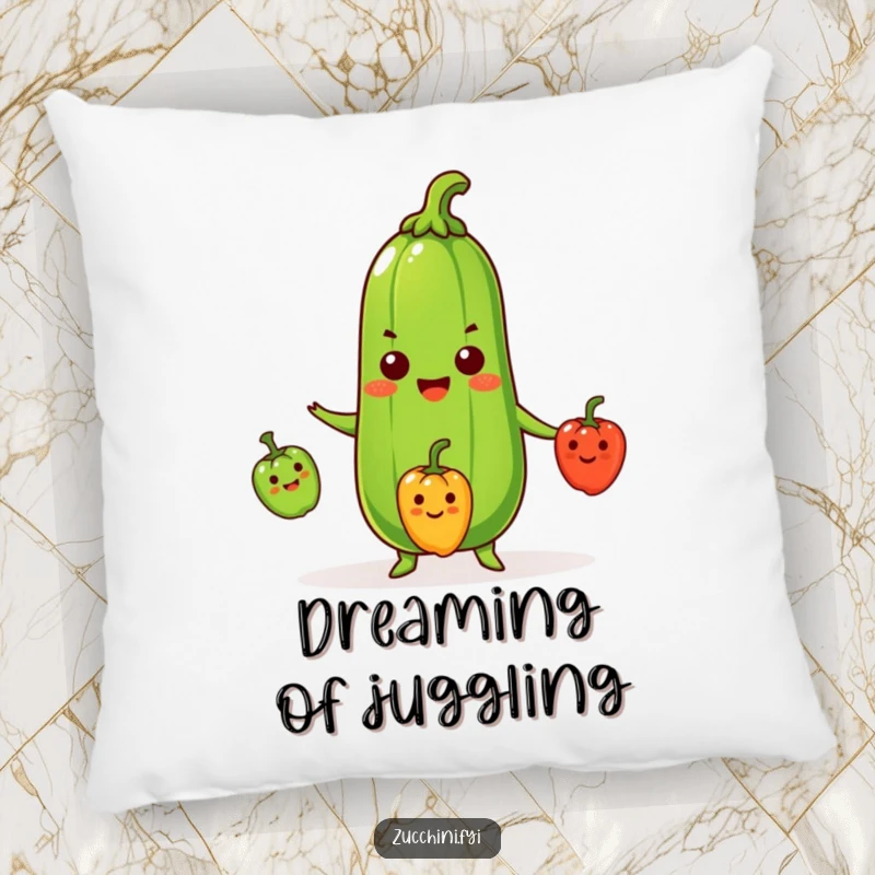 Funny Zucchini Pillow featuring a soft, cartoon zucchini beaming while juggling three miniature smiling peppers, offering humorous comfort.