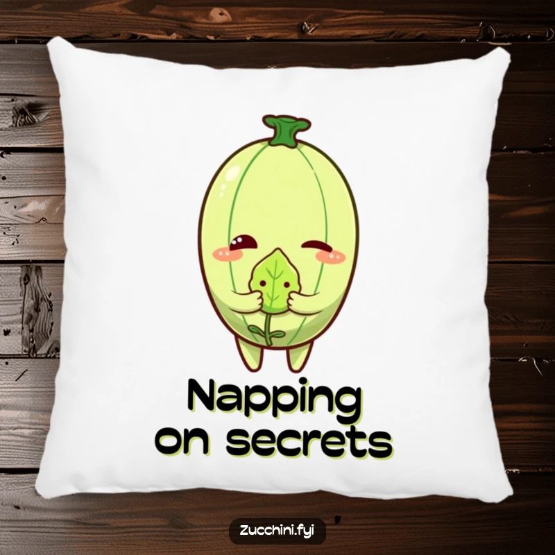 Funny Zucchini Wink Pillow showing a winking zucchini character holding a small, embarrassed leaf.