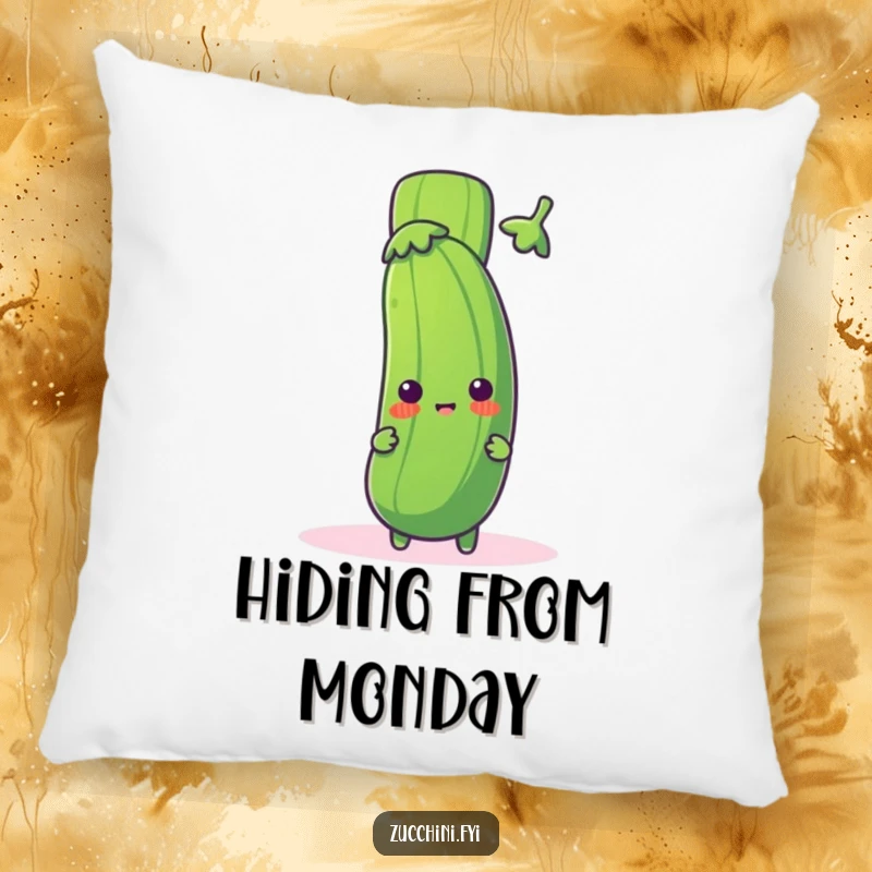 Funny zucchini pillow with a cute zucchini character peeking from behind a giant exclamation mark, offering soft comfort and humorous surprise.