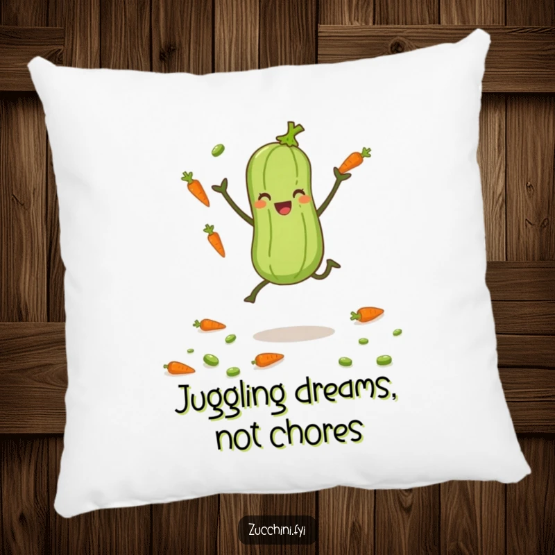 Funny zucchini with tiny legs juggling carrots and peas, a soft and humorous decorative pillow.