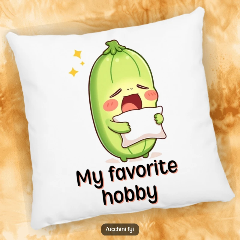 Funny sleepy zucchini yawning with a miniature pillow, on a plush pillow, presenting a comical and huggable sleepy vegetable character.
