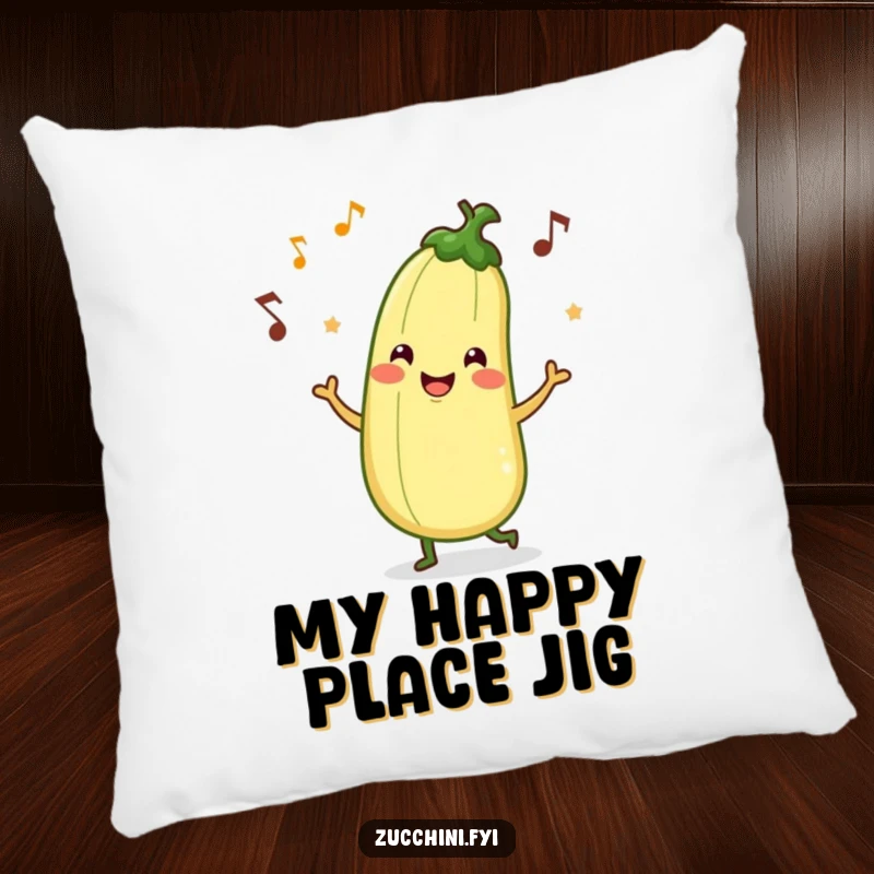 Funny pillow with a smiling zucchini character mid-jig, surrounded by playful musical notes, offering comfort and a humorous visual.