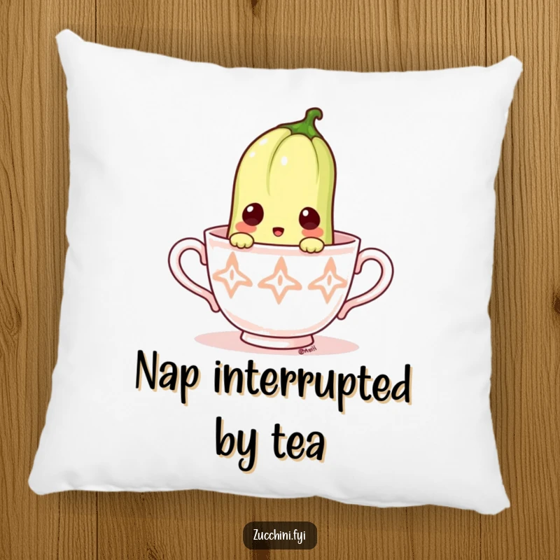Funny pillow with a surprised zucchini peeking out from a miniature teacup.