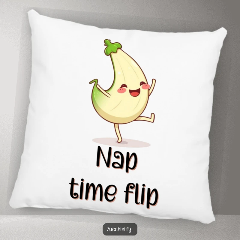 Funny pillow design of a zucchini in a cartwheel pose with a big, happy smile.