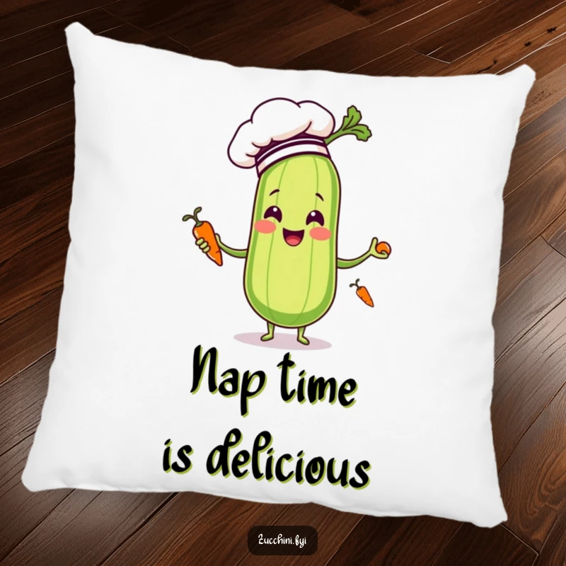 Soft and plush pillow featuring a funny zucchini chef juggling carrots, offering comfort and humor in home decor.