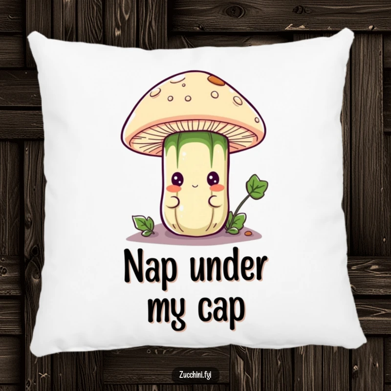 Funny pillow with a curious anthropomorphic zucchini character peeking from under a mushroom cap, providing comfort and a whimsical, nature-inspired accent.
