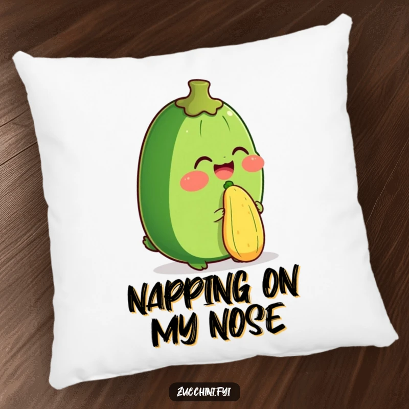 Funny pillow showing a zucchini giggling while balancing a small zucchini on its nose, providing comfort and a humorous touch.