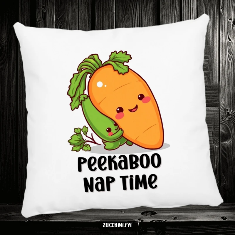Funny Pillow showcasing a sneaky zucchini peeking from behind a giant, smiling carrot, enjoying a playful prank.