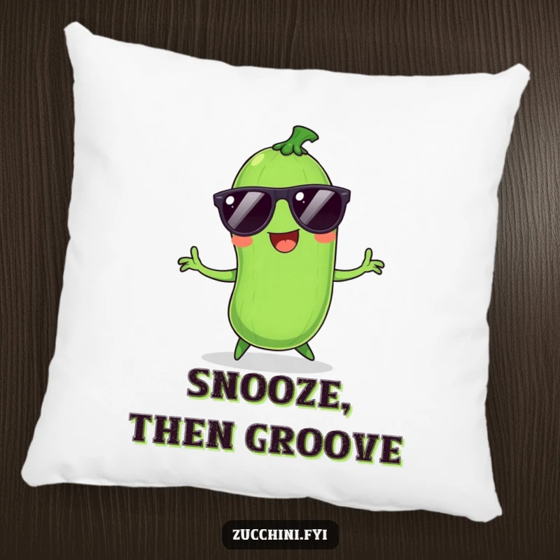 Funny Zucchini Pillow: Smiling zucchini in sunglasses dances hilariously, offering cozy fun and playful charm.