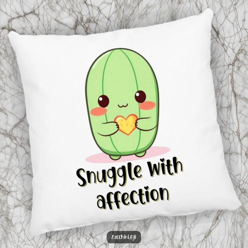 Funny zucchini pillow featuring a blushing zucchini character offering a small, glowing heart, providing soft, comfortable and humorous affection.
