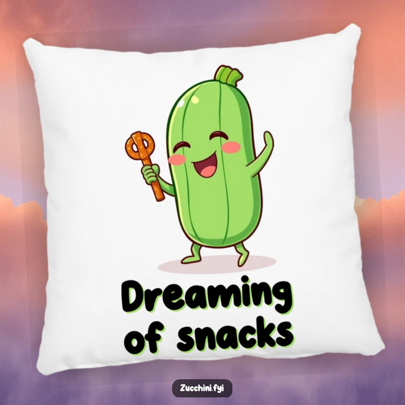 Funny decorative pillow featuring a laughing zucchini character in a silly dance holding a pretzel stick, adding comfort and fun.