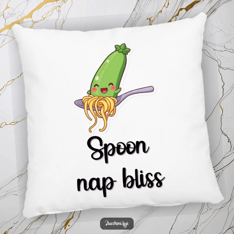 Funny pillow designed with a happy zucchini noodle character playfully sliding down a spoon, offering comfort and a touch of kitchen comedy.