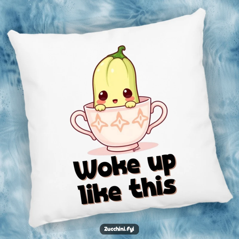 Funny Zucchini Pillow: Soft cushion featuring a surprised zucchini peeking from a teacup, perfect for adding quirky fun.