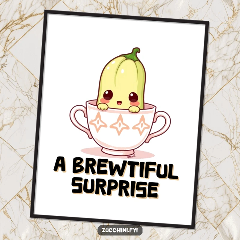 Funny digital art of a surprised zucchini peeking out from a tiny teacup.