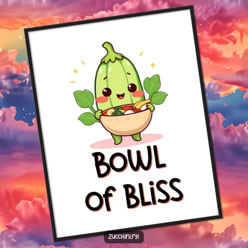 Funny cheerful zucchini digital art print of a smiling vegetable offering a steaming bowl, adding instant warmth and humor.