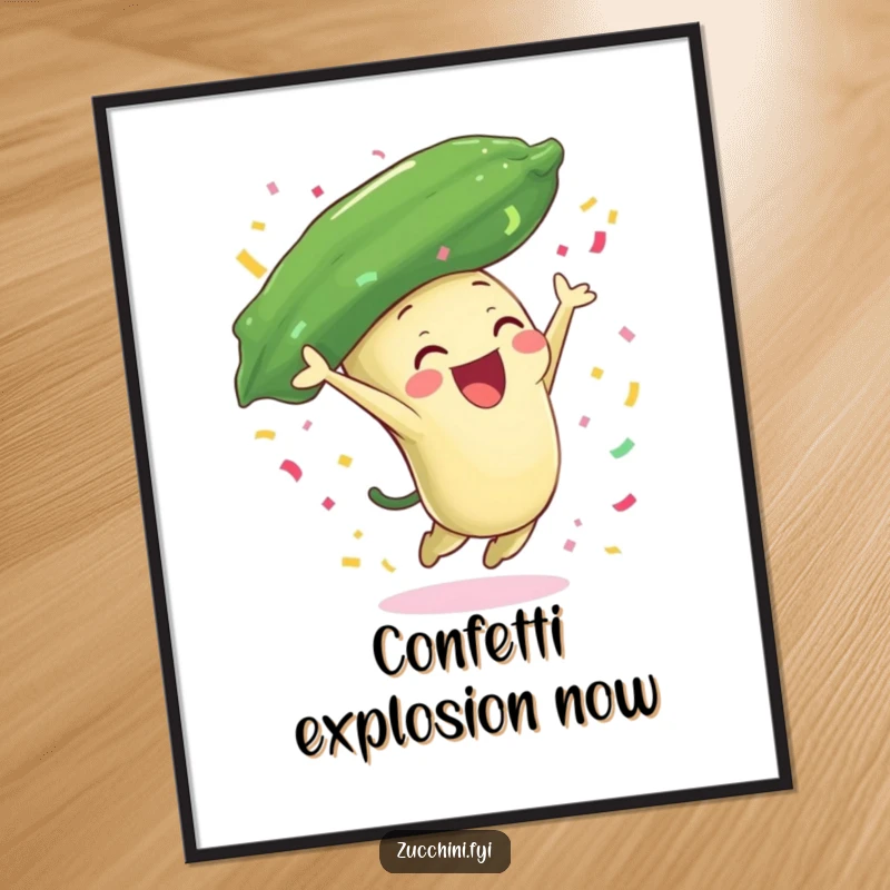 Funny zucchini digital art print of a joyful zucchini character leaping and showering confetti, creating festive, humorous, and lively decor.