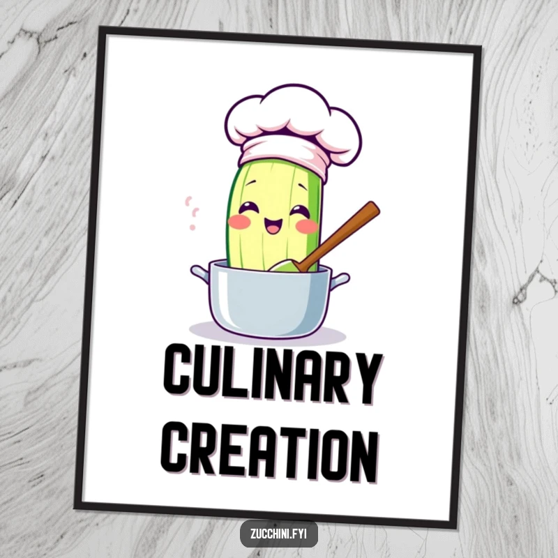 Funny kawaii zucchini digital art print, a cute chef zucchini stirring a pot, offering a fun and funny aesthetic for instant kitchen decor.