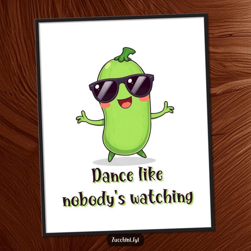 Funny Zucchini Digital Art: Smiling zucchini with sunglasses dances hilariously, a humorous printable artwork.