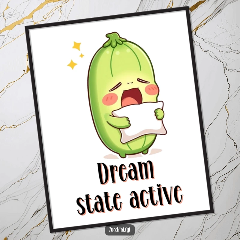 Funny sleepy zucchini yawning widely, holding a tiny pillow, digitally rendered as art, capturing a humorous and relatable moment of deep sleep.