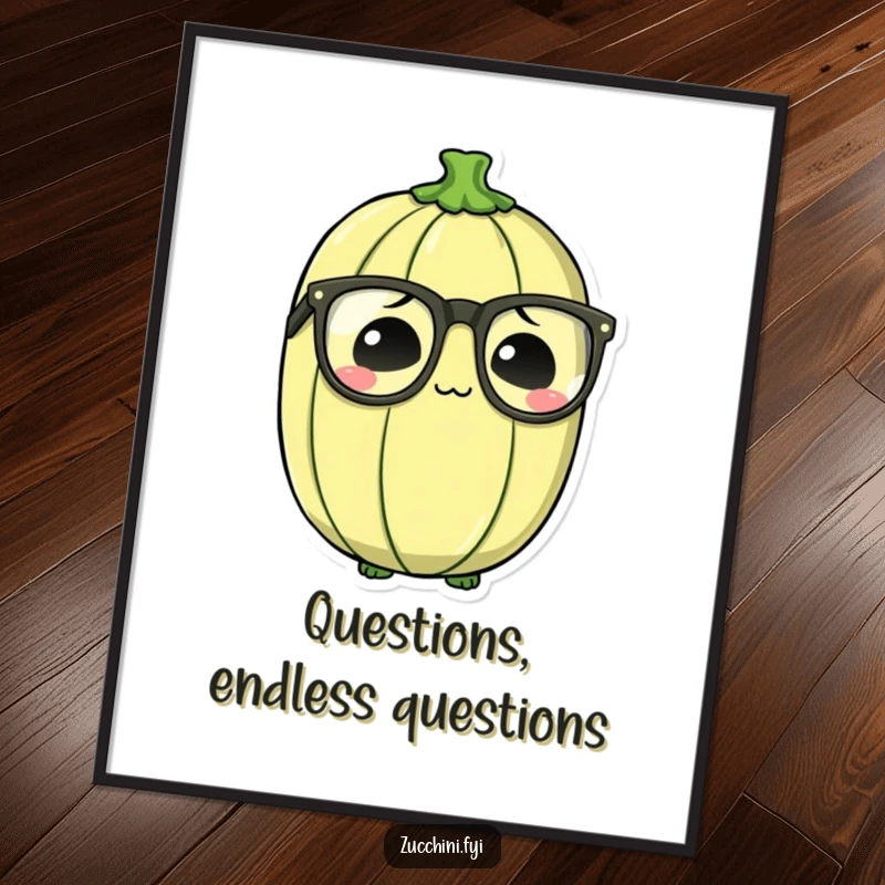 Funny Bewildered Zucchini Digital Art Print of a zucchini sporting oversized spectacles, looking endearingly confused and studious.
