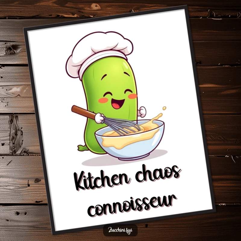 Funny chef zucchini whisking batter, high-resolution digital art print for humorous wall decor.