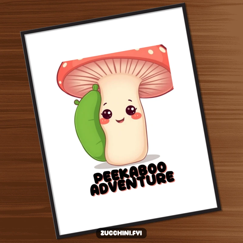 Funny curious zucchini digital art print showing a zucchini peeking from behind a smiling mushroom, perfect for adding playful garden humor to screen readers.