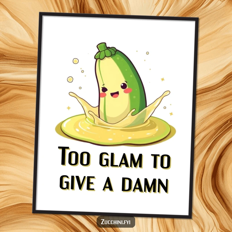 Funny digital art print of a happy zucchini joyfully splashing in a puddle of sparkling juice, a vibrant and cheerful scene.