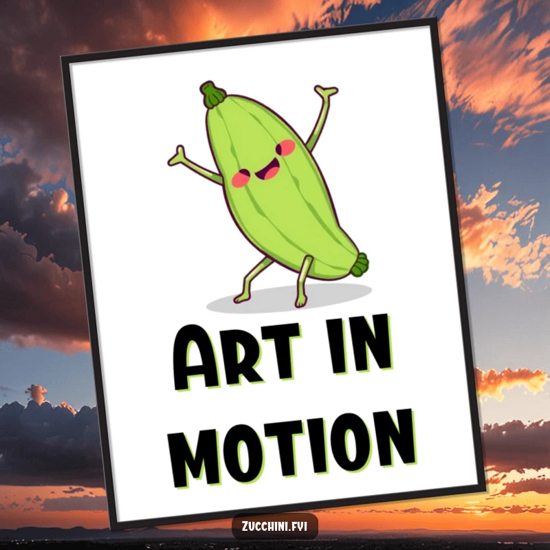 Funny kawaii zucchini in a comical cartwheel pose, digital art celebrating wobbly charm and vegetable athleticism.