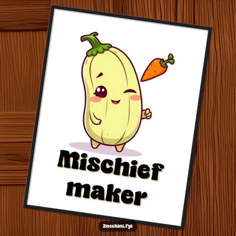 Funny mischievous kawaii zucchini winking and tossing a carrot, digital art celebrating playful charm and wit.