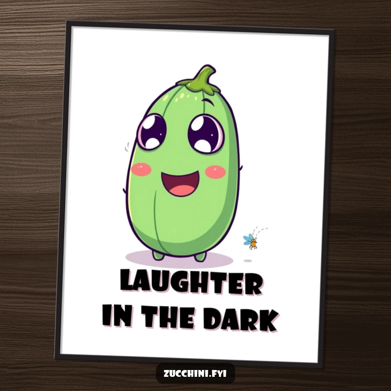 Funny laughing zucchini digital art print showing a zucchini watching a firefly, perfect for adding whimsical nighttime humor and joy to screen readers.