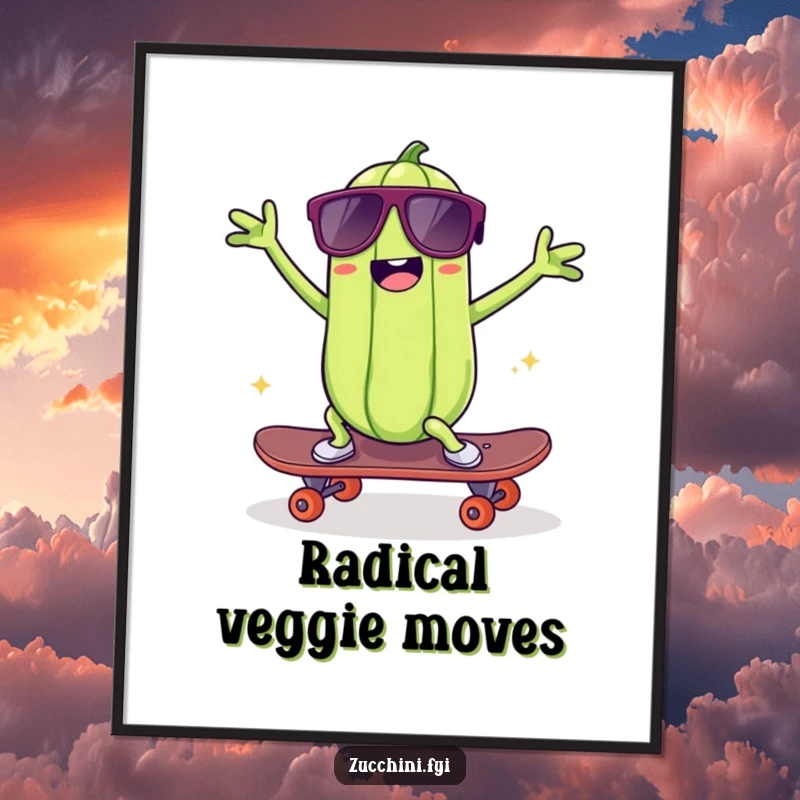 Funny kawaii zucchini digital art print, a cool zucchini skateboarding and dancing, offering a fun and funny aesthetic for instant home decor.