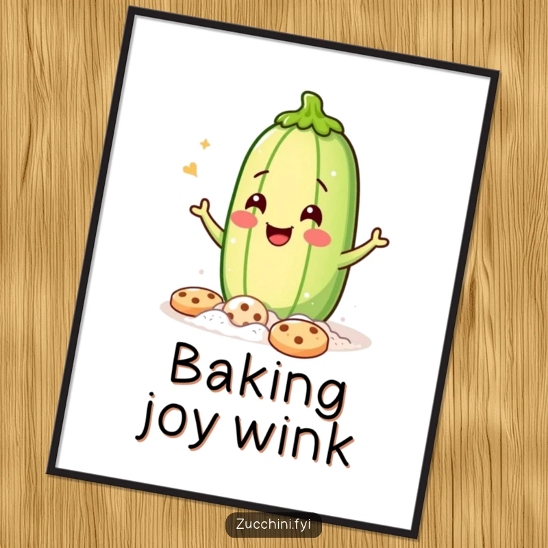 Funny Digital Art: A jubilant zucchini covered in flour, winking playfully while baking, offering instant baking humor.