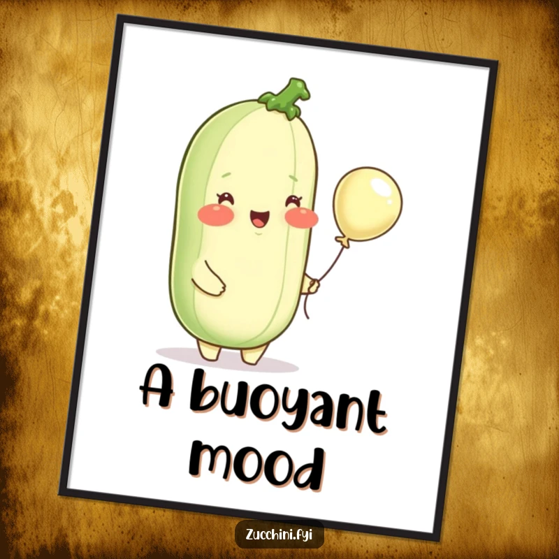 Funny digital art print of a delighted zucchini with rosy cheeks holding a minuscule balloon, radiating happiness and charm.