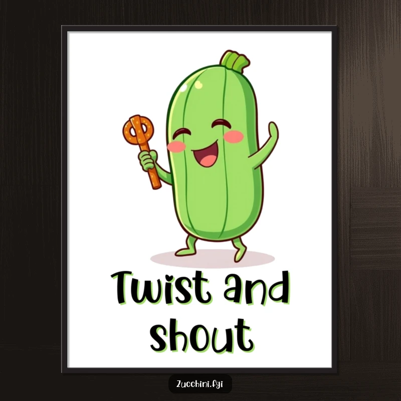 Funny digital art print of a laughing zucchini character performing a silly dance with a pretzel stick, for instant decor.