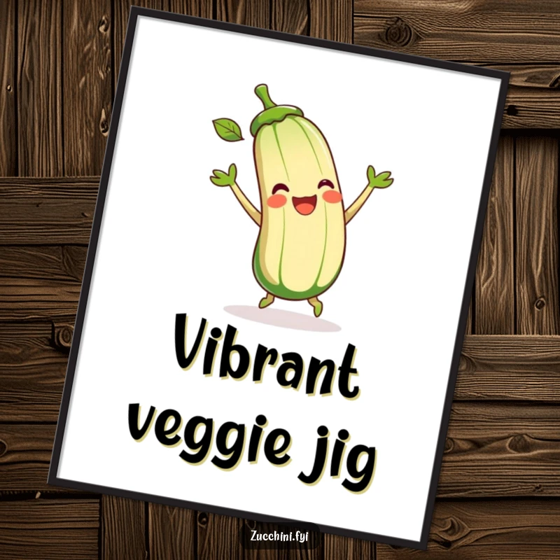 Funny Zucchini Digital Art Print of a cartoon zucchini joyfully dancing and moving its leaves, a high-resolution image for humorous decor.