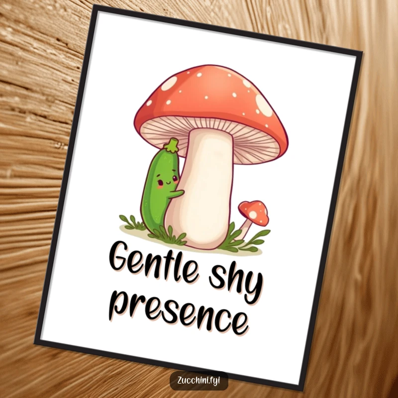 Funny Zucchini Digital Art Print of a shy cartoon zucchini peeking from behind a large, friendly mushroom, a high-resolution image for decor.