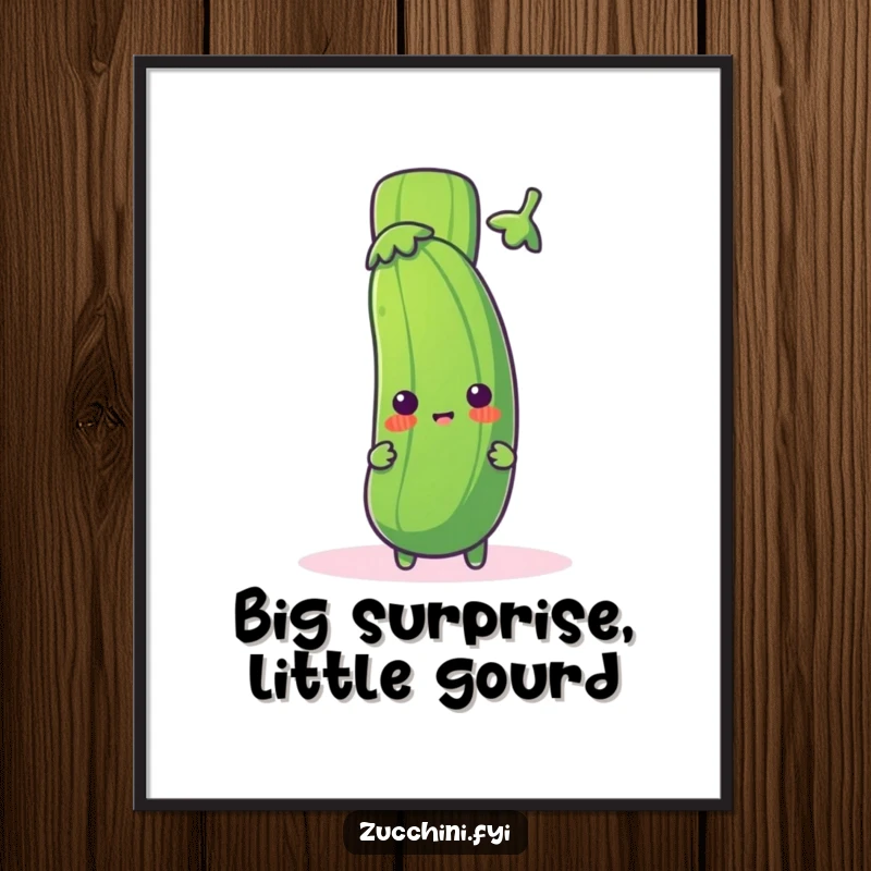 Funny zucchini digital art print of a cute zucchini character peeking from behind a giant exclamation mark, offering playful surprise and humor.