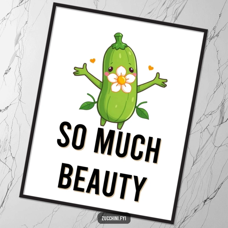 Funny digital art print of a zucchini with open arms, affectionately hugging a blossoming flower.