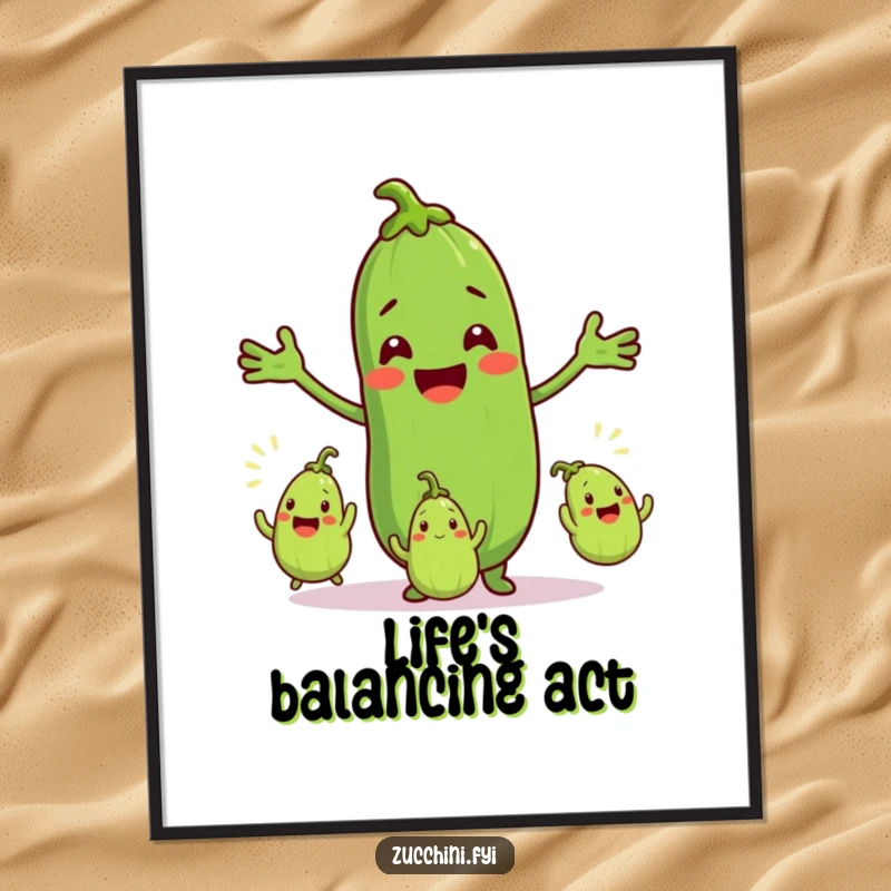 Funny digital art print of a smiling zucchini character juggling three excited baby zucchinis, offering instant downloadable veggie humor and personality.