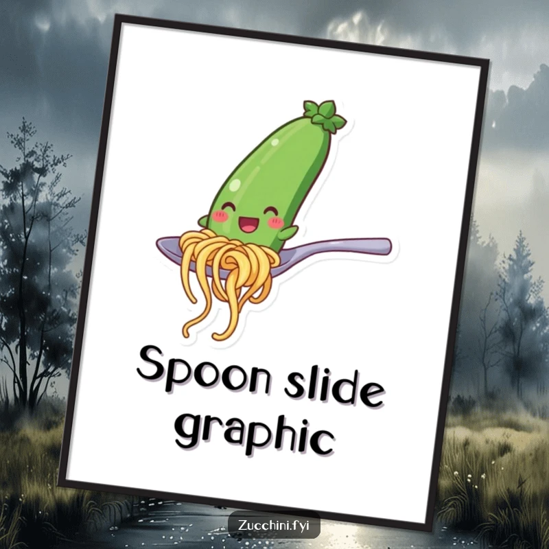 Funny digital art print of a smiling zucchini noodle character sliding down a large spoon, a delightful and humorous artwork for food lovers.