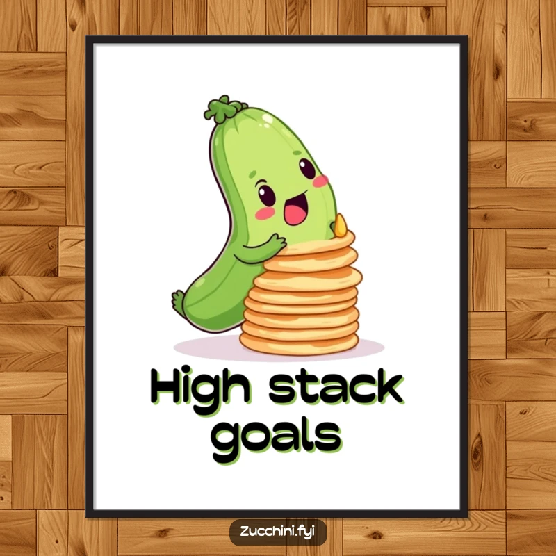 Funny digital art print of a determined zucchini balancing a stack of wobbly pancakes, for instant motivational decor.