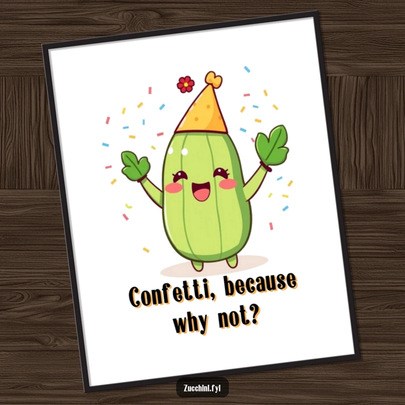 Funny Zucchini Party Digital Art Print of a gleeful zucchini in a party hat, joyfully throwing a shower of confetti.