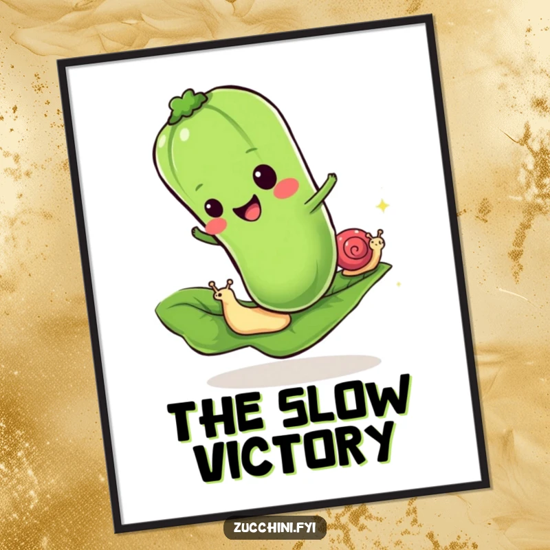 Funny digital art print of a cheerful zucchini racing a snail on a leaf, perfect for instant humorous wall decor.